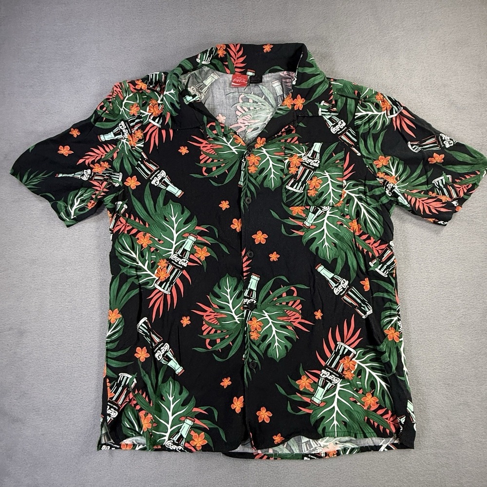 Coca‎ Cola Shirt Mens Extra Large Black Hawaiian Bottles Palms Flowers